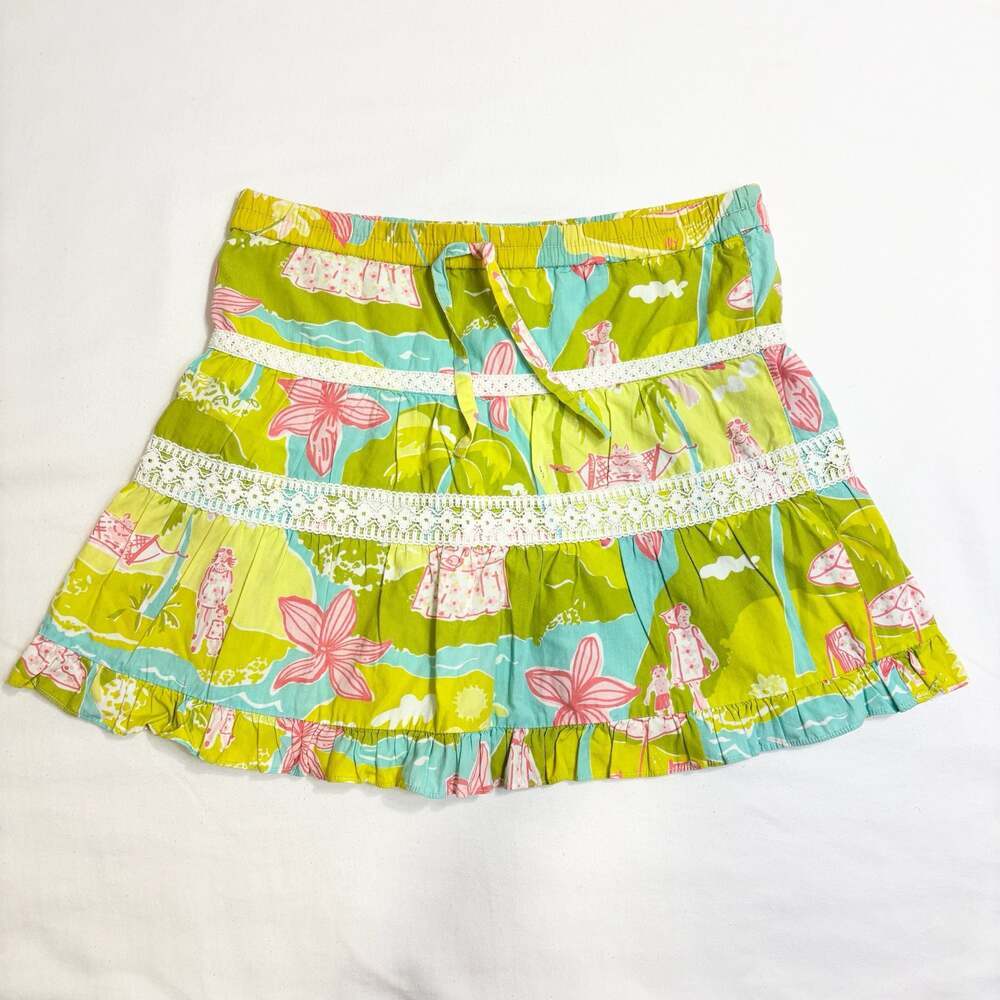 Lilly Pulitzer Girls mini Skirt 6X Tropical Floral Print Tiered with Lace Trim